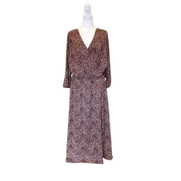 Garnet Hill Faux Wrap Maxi Dress Brown Stretch Tencel Jersey V Neck Womens Large - Picture 1 of 11